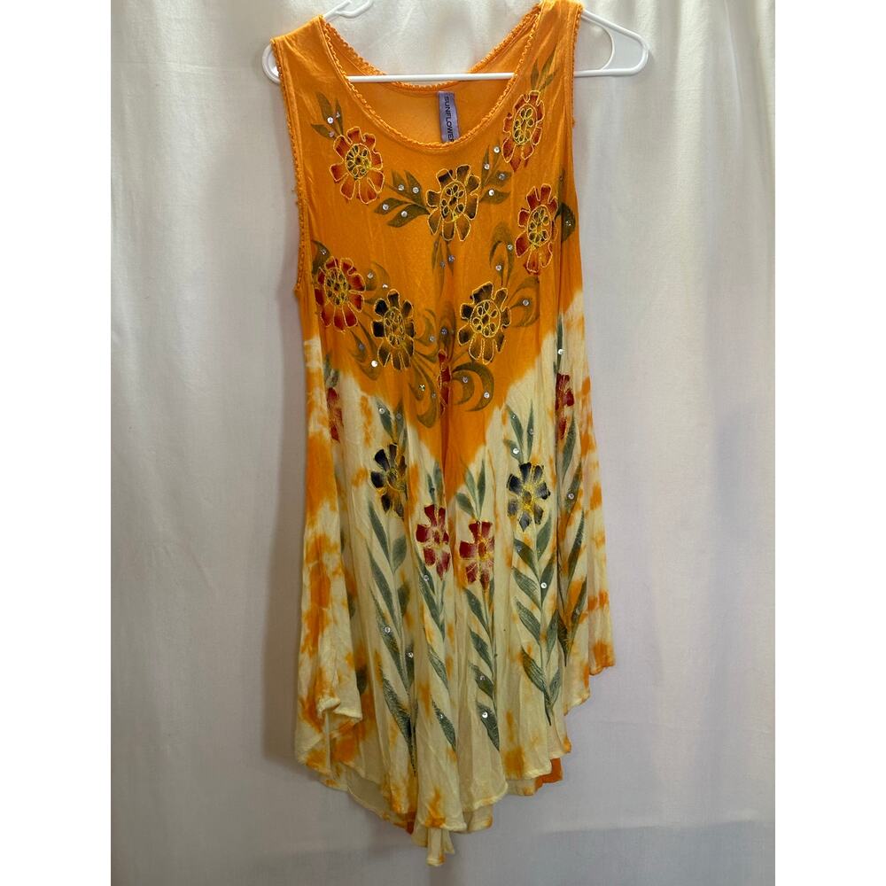 Sunflower Free Size Embroidered Tie-Dye Dress – Orange & Cream Floral – Beaded